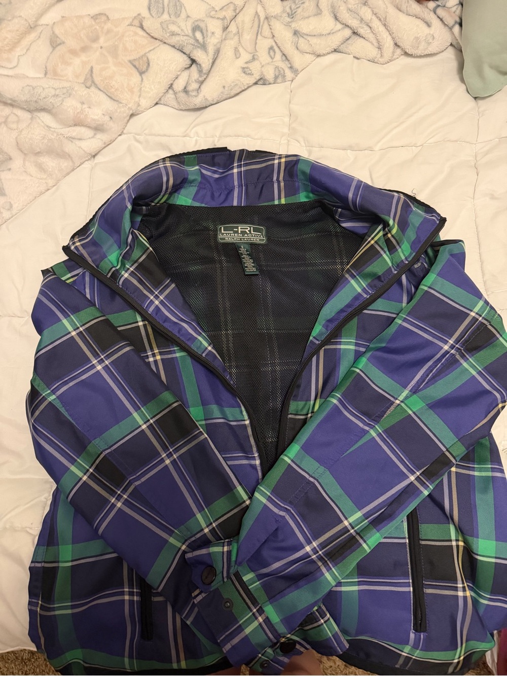 Lauren Ralph Lauren Navy Blue & Green Plaid Rain Jacket